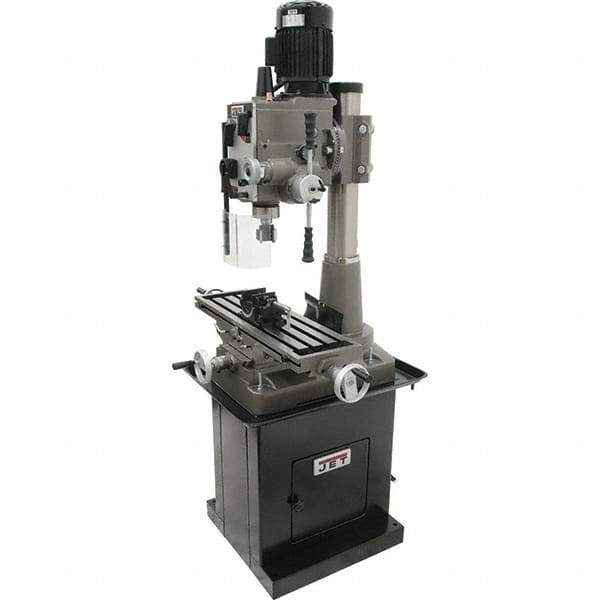 Jet - 1 Phase, 19-11/16" Swing, Geared Head Mill Drill Combination - 32-1/4" Table Length x 9-1/2" Table Width, 20-1/2" Longitudinal Travel, 8-1/4" Cross Travel, 6 Spindle Speeds, 1.5 hp, 115/230 Volts - Exact Industrial Supply