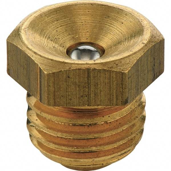 Umeta - Straight Head Angle, M8 Metric Brass Flush-Style Grease Fitting - 9mm Hex, 9.5mm Overall Height, 6.5mm Shank Length - Exact Industrial Supply
