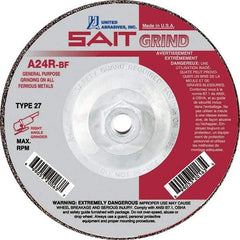 Sait - 24 Grit, 5" Wheel Diam, 1/4" Wheel Thickness, Type 27 Depressed Center Wheel - Aluminum Oxide, Resinoid Bond, R Hardness, 12,200 Max RPM, Compatible with Angle Grinder - Exact Industrial Supply