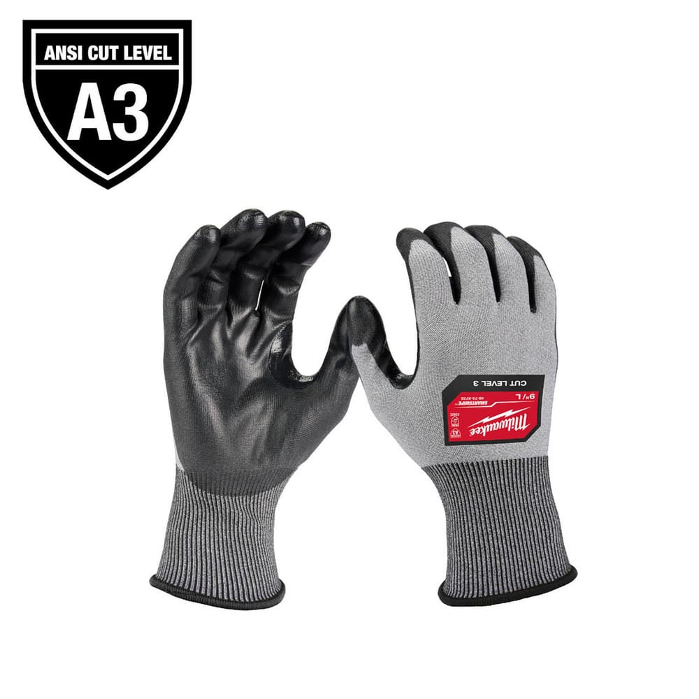 Puncture-Resistant Gloves:  Size  Medium,  ANSI Cut  A3,  ANSI Puncture  0,  Polyurethane,  Polyester, Polyethylene & Nitrile Black & Gray,  Palm & Fingers Coated,  Nitrile Lined,  Polyester Back,  Polyurethane Grip,  ANSI Abrasion  Not Tested