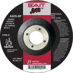 Sait - 60 Grit, 6" Wheel Diam, 7/8" Arbor Hole, Type 27 Depressed Center Wheel - Aluminum Oxide, Resinoid Bond, S Hardness, 10,200 Max RPM, Compatible with Angle Grinder - Exact Industrial Supply