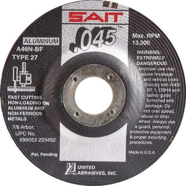 Sait - 46 Grit, 6" Wheel Diam, 7/8" Arbor Hole, Type 27 Depressed Center Wheel - Aluminum Oxide, Resinoid Bond, N Hardness, 10,200 Max RPM, Compatible with Angle Grinder - Exact Industrial Supply