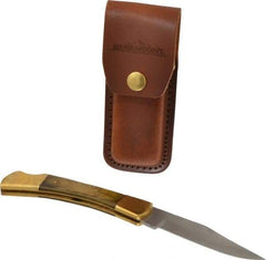 Paramount - 3-3/4" Blade, 8-1/2" OAL, Clip Point Folding Knife - 4-3/4" Closed Length, Wood, 1 Blade, Solid Brass Bolsters & Pins/Leather Sheath - Exact Industrial Supply