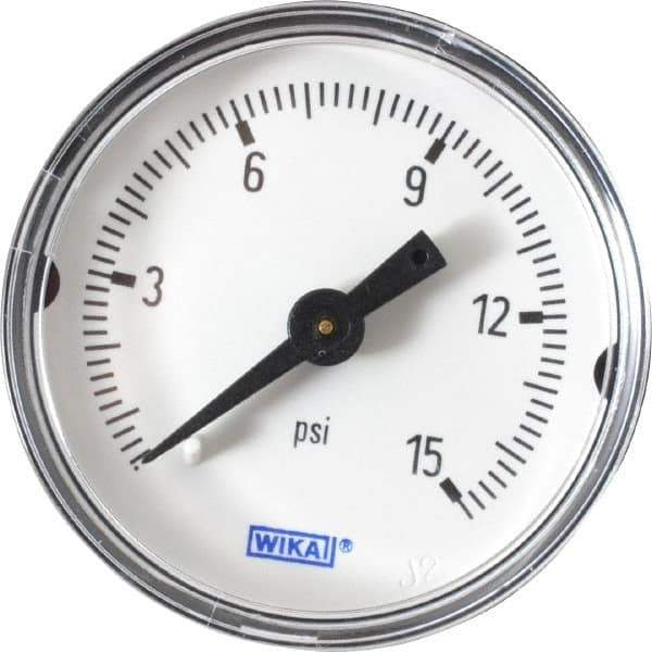 Wika - 1-1/2" Dial, 1/8 Thread, 0-15 Scale Range, Pressure Gauge - Center Back Connection Mount, Accurate to 3-2-3% of Scale - Exact Industrial Supply