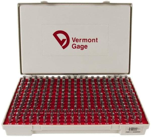 Vermont Gage - 250 Piece, 5-9.98 mm Diameter Plug and Pin Gage Set - Minus 0.01 mm Tolerance, Class ZZ - Exact Industrial Supply