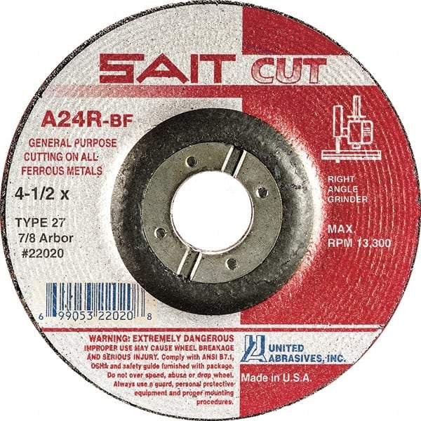 Sait - 3" 24 Grit Aluminum Oxide Cutoff Wheel - 1/8" Thick, 3/8" Arbor, 20,372 Max RPM, Use with Die Grinders - Exact Industrial Supply
