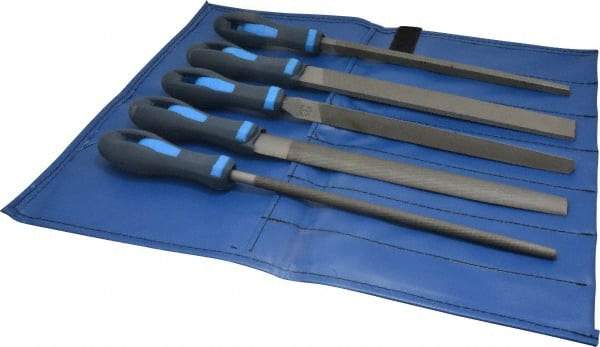 PFERD - 5 Piece American Pattern File Set - 10" Long, Second Coarseness, Ergonomic Handle, Set Includes Hand, Three Square, Square, Round, Tapered Half Round - Exact Industrial Supply