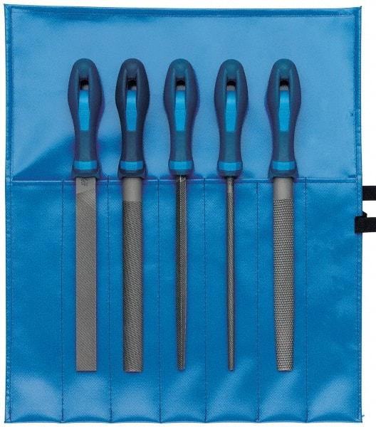 PFERD - 5 Piece American Pattern File Set - 10" Long, Bastard Coarseness, Ergonomic Handle, Set Includes Hand, Three Square, Square, Round, Tapered Half Round - Exact Industrial Supply