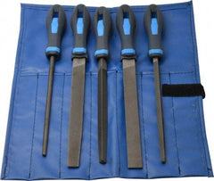 PFERD - 5 Piece American Pattern File Set - 8" Long, Bastard Coarseness, Ergonomic Handle, Set Includes Hand, Three Square, Square, Round, Tapered Half Round - Exact Industrial Supply