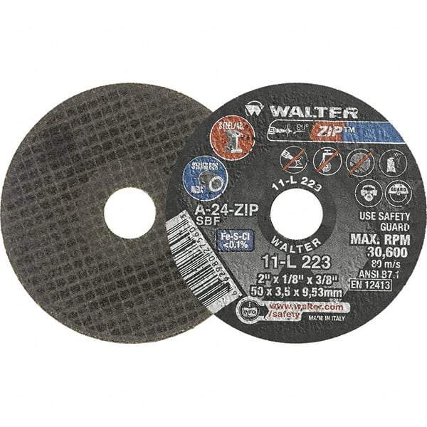 WALTER Surface Technologies - 2" 24 Grit Aluminum Oxide Cutoff Wheel - 1/8" Thick, 3/8" Arbor, 30,600 Max RPM, Use with Die Grinders - Exact Industrial Supply