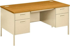 Hon - Laminate Top & Metal Base Double Pedestal Desk with Center Drawer - 60" Wide x 30" Deep x 29-1/2" High, Harvest/Putty - Exact Industrial Supply