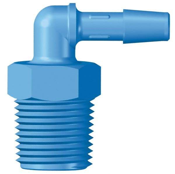 Made in USA - 1/4" Barb, 1/4, HDPE Single Barbed Tube Threaded Elbow - Blue, Male - Exact Industrial Supply