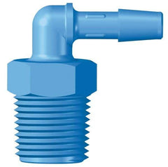 Made in USA - 1/4" Barb, 1/4, HDPE Single Barbed Tube Threaded Elbow - Blue, Male - Exact Industrial Supply