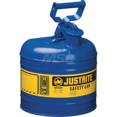 Justrite - Safety Dispensing Cans; Capacity: 2 Gal. ; Material: Steel ; Color: Blue ; Height (Decimal Inch): 13.750000 ; Diameter/Length (mm): 9.50 ; Approval Listing/Regulations: FM Approved; UL; ULC; TUV - Exact Industrial Supply