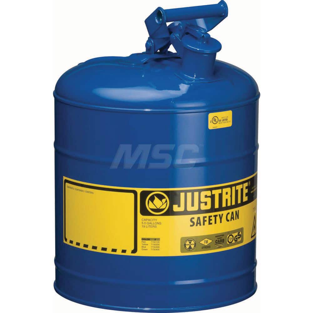 Justrite - Safety Dispensing Cans; Capacity: 5 Gal. ; Material: Steel ; Color: Blue ; Height (Decimal Inch): 16.875000 ; Diameter/Length (mm): 11.75 ; Approval Listing/Regulations: FM Approved; UL; ULC; TUV - Exact Industrial Supply