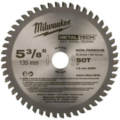 Milwaukee Tool - 5-3/8" Diam, 20mm Arbor Hole Diam, 50 Tooth Wet & Dry Cut Saw Blade - Carbide-Tipped, Standard Round Arbor - Exact Industrial Supply