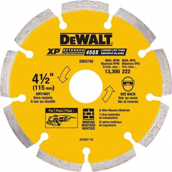 DeWALT - 4-1/2" Diam, 7/8" Arbor Hole Diam, Wet & Dry Cut Saw Blade - Diamond-Tipped, Standard Round Arbor - Exact Industrial Supply