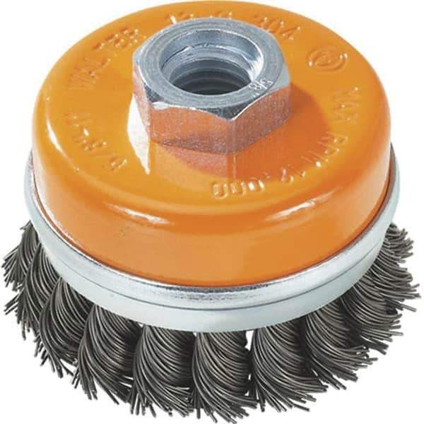 WALTER Surface Technologies - 4" Diam, 5/8-11 Threaded Arbor, Steel Fill Cup Brush - 0.02 Wire Diam, 8,600 Max RPM - Exact Industrial Supply