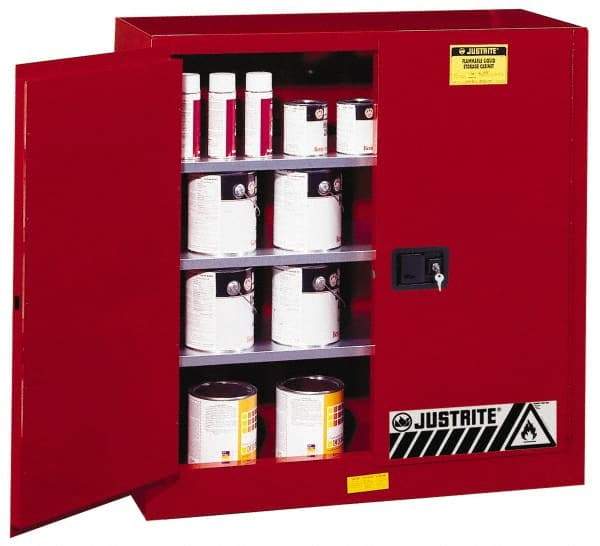 Justrite - 2 Door, 3 Shelf, Red Steel Standard Safety Cabinet for Flammable and Combustible Liquids - 44" High x 43" Wide x 18" Deep, Manual Closing Door, 3 Point Key Lock, 40 Gal Capacity - Exact Industrial Supply