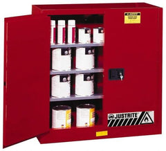 Justrite - 2 Door, 3 Shelf, Red Steel Standard Safety Cabinet for Flammable and Combustible Liquids - 44" High x 43" Wide x 18" Deep, Manual Closing Door, 3 Point Key Lock, 40 Gal Capacity - Exact Industrial Supply