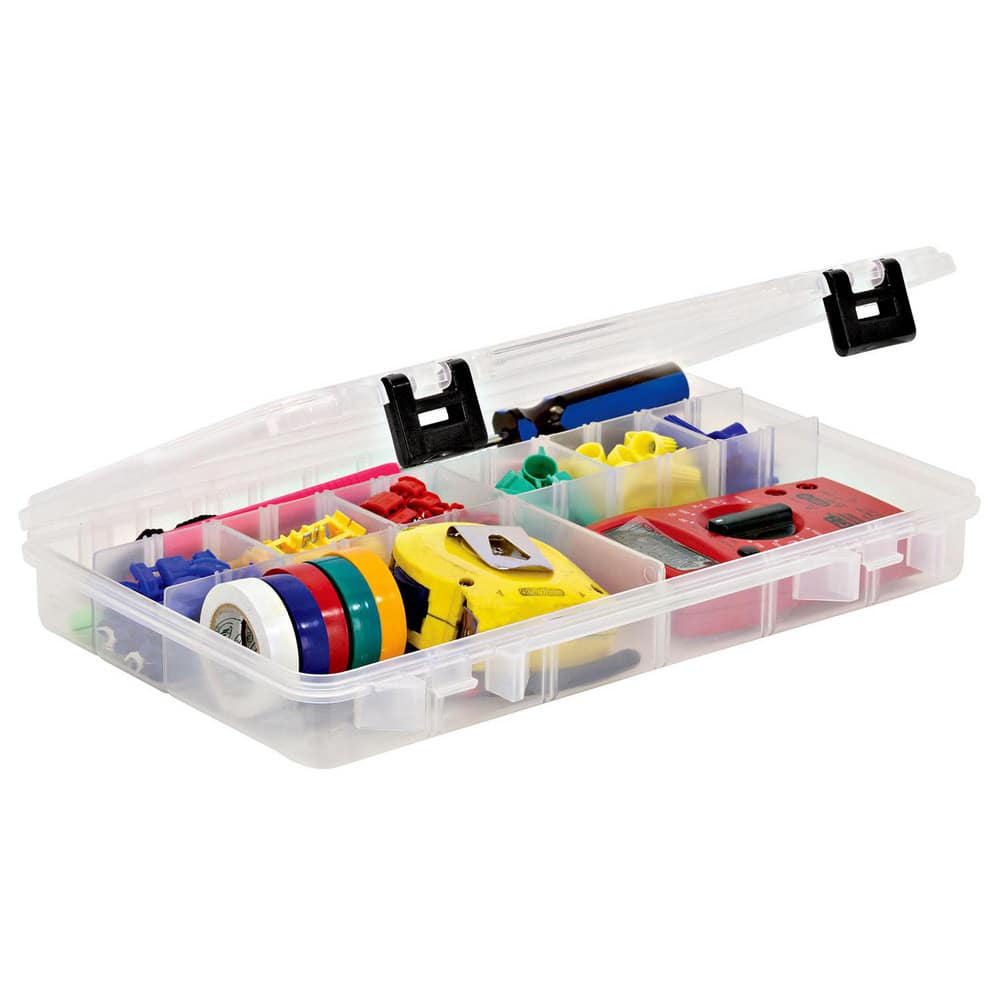 Small Parts Boxes & Organizers; Product Type: Compartment Box; Lock Type: ProLatch; Width (Inch): 9; Depth (Inch): 2; Number of Dividers: 20; Removable Dividers: Yes; Color: Clear; Features: 3 Fixed Compartments with dividers to make up to 28 compartments