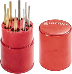 Starrett - 8 Piece, 1/16 to 5/32", Pin Punch Set - Round Shank, Brass & Steel, Comes in Plastic Tube - Exact Industrial Supply