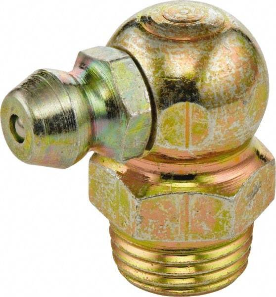 Umeta - 90° Head Angle, 1/8 PTF Zinc Plated Yellow Thread-Forming Grease Fitting - 7/16" Hex, 0.7656" Overall Height - Exact Industrial Supply