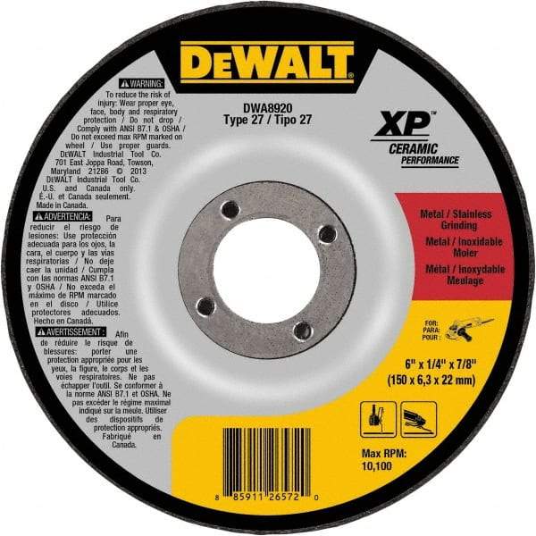 DeWALT - 24 Grit, 6" Wheel Diam, 7/8" Arbor Hole, Type 27 Depressed Center Wheel - Coarse/Medium Grade, Ceramic, N Hardness, 10,100 Max RPM - Exact Industrial Supply