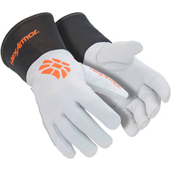 Cut & Puncture-Resistant Gloves: Size L, ANSI Cut A5, ANSI Puncture 4, Goatskin White, Orange & Black, HPPE Blend Lined
