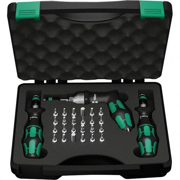 Wera - 28 Piece, 2-1/2 to 55 In/Lb, Ergo Cushion Grip Driver Adjustable Torque Limiting Screwdriver Kit - 1/4" Drive - Exact Industrial Supply