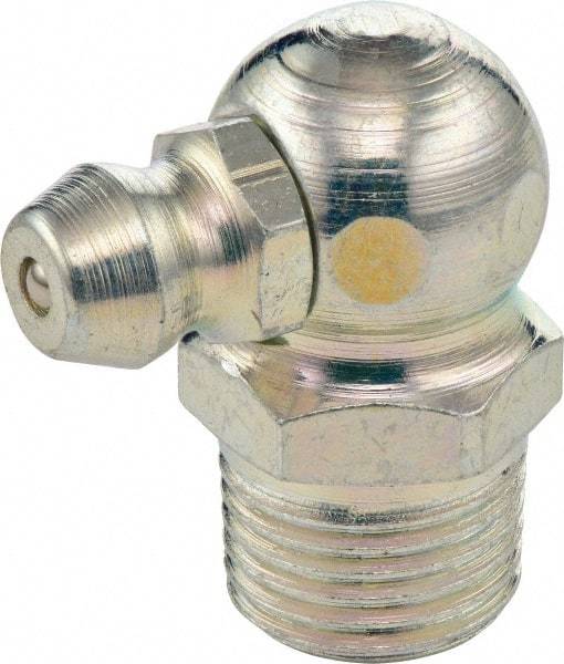 Umeta - 90° Head Angle, 1/4-18 PTF Steel Standard Grease Fitting - 14mm Hex, 22mm Overall Height, 6.5mm Shank Length, Zinc Plated Finish - Exact Industrial Supply