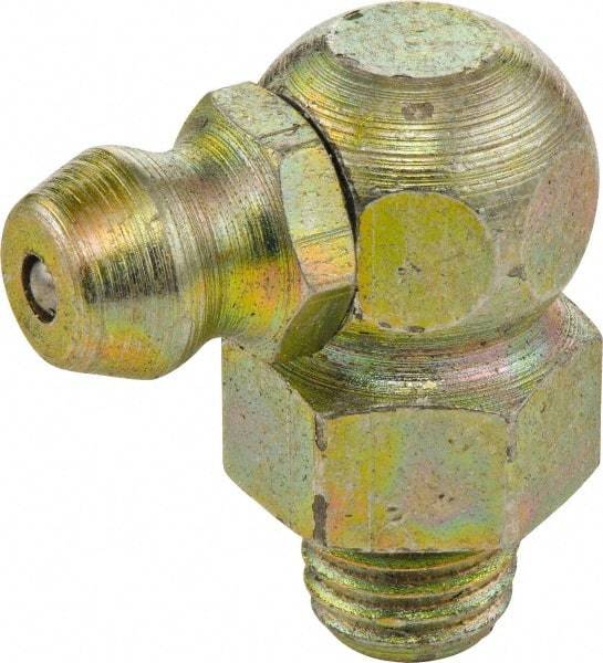 Umeta - 90° Head Angle, 1/4-28 PTF Zinc Plated Yellow Thread-Forming Grease Fitting - 3/8" Hex, 3/4" Overall Height - Exact Industrial Supply