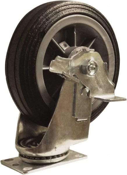 Snap-Loc - 6" Diam x 1-1/4" Wide x 7-1/2" OAH Top Plate Mount Swivel Caster with Brake - Rubber, 375 Lb Capacity, Ball Bearing, 1-3/4 X 2-7/8" Plate, Round Stem - Exact Industrial Supply