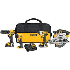 DeWALT - 20 Volt Cordless Tool Combination Kit - Includes 1/2" Drill/Driver, 1/4" Compact Impact Driver, 6-1/2" Circular Saw & Handheld Light, Lithium-Ion Battery Included - Exact Industrial Supply