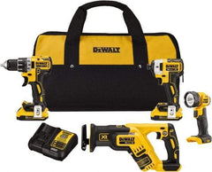 DeWALT - 20 Volt Cordless Tool Combination Kit - Includes 1/2" Drill/Driver, 1/4" Impact Driver, Reciprocating Saw & LED Worklight, Lithium-Ion Battery Included - Exact Industrial Supply