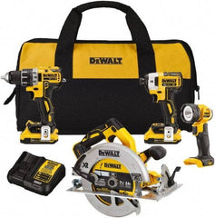 DeWALT - 20 Volt Cordless Tool Combination Kit - Includes 1/2" Drill/Driver, 1/4" Impact Driver, 7-1/4 Circular Saw & LED Worklight, Lithium-Ion Battery Included - Exact Industrial Supply