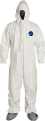 Dupont - Size L Film Laminate General Purpose Coveralls - White, Zipper Closure, Elastic Cuffs, Elastic Ankles, Serged Seams - Exact Industrial Supply