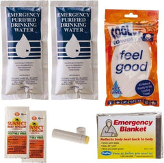 PRO-SAFE - Emergency Preparedness Kits Type: Cool Down Emergency Kit Contents: (2) Emergency Drinking Water Packets; (2) Sunscreen + Insect Repellant Cream; Cooling Towel; Emergency Mylar Blanket; Lip Balm - Exact Industrial Supply