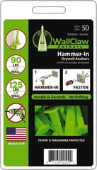 WallClaw Anchors - #8 Screw, 1/2" Diam, 2" Long, 1/4" Thick, Hammer-In Drywall & Hollow Wall Anchor - Nylon, Use with Drywall & Hollow Wall - Exact Industrial Supply