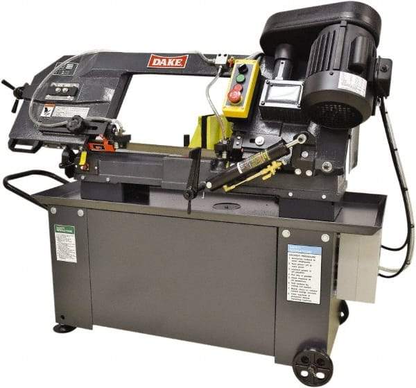 Dake - 9 x 12" Max Capacity, Manual Step Pulley Horizontal Bandsaw - 98 to 328 SFPM Blade Speed, 110 Volts, 45°, 1 hp, 1 Phase - Exact Industrial Supply