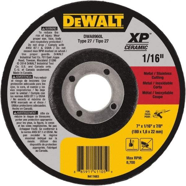 DeWALT - 7" Wheel Diam, 1/16" Wheel Thickness, 7/8" Arbor Hole, Type 27 Depressed Center Wheel - Fine/Coarse Grade, Ceramic, 8,700 Max RPM - Exact Industrial Supply