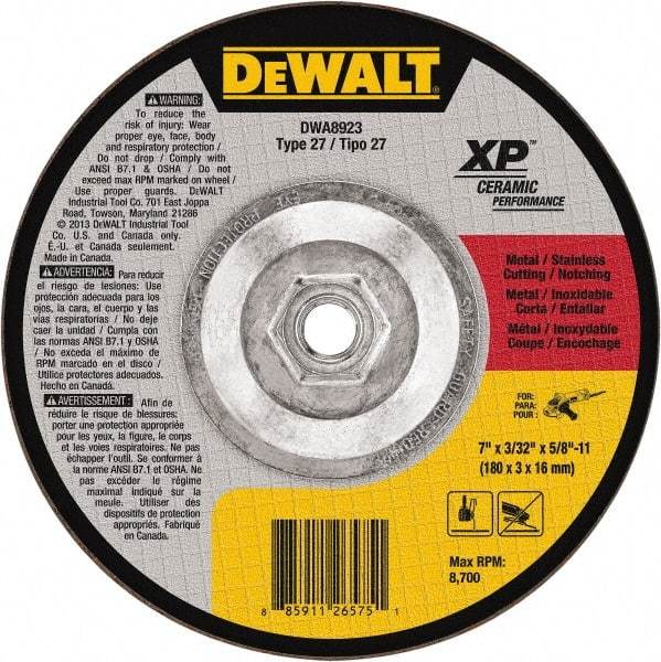 DeWALT - 7" Wheel Diam, 3/32" Wheel Thickness, 5/8" Arbor Hole, Type 27 Depressed Center Wheel - Fine/Coarse Grade, Ceramic, 8,700 Max RPM - Exact Industrial Supply