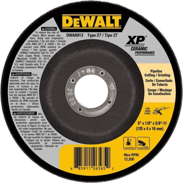 DeWALT - 5" Wheel Diam, 1/8" Wheel Thickness, 5/8" Arbor Hole, Type 27 Depressed Center Wheel - Fine/Coarse Grade, Ceramic, 12,200 Max RPM - Exact Industrial Supply