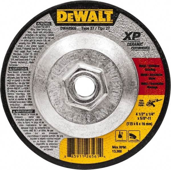 DeWALT - 4-1/2" Wheel Diam, 1/4" Wheel Thickness, 5/8" Arbor Hole, Type 27 Depressed Center Wheel - Fine/Coarse Grade, Ceramic, 13,300 Max RPM - Exact Industrial Supply