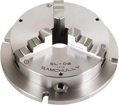 Samchully - 3 Jaw, 215mm Diam, Self Centering Manual Lathe Chuck - Plain Back Mount, Adjustable, 60mm Through Hole Diam, Forged Steel - Exact Industrial Supply
