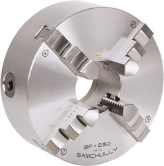 Samchully - 4 Jaw, 232mm Diam, Self Centering Manual Lathe Chuck - Rear Mount, Adjustable, 75mm Through Hole Diam, Forged Steel - Exact Industrial Supply