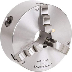 Samchully - 3 Jaw, 85mm Diam, Self Centering Manual Lathe Chuck - Rear Mount, Adjustable, 16mm Through Hole Diam, Forged Steel - Exact Industrial Supply