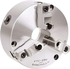 Samchully - 3 Jaw, 192mm Diam, Self Centering Manual Lathe Chuck - Front Mount, Adjustable, 57mm Through Hole Diam, Forged Steel - Exact Industrial Supply