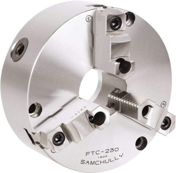 Samchully - 3 Jaw, 167mm Diam, Self Centering Manual Lathe Chuck - Rear Mount, Adjustable, 47mm Through Hole Diam, Forged Steel - Exact Industrial Supply