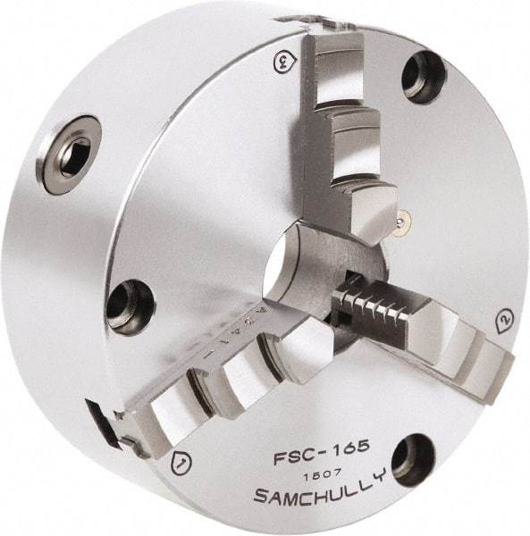 Samchully - 3 Jaw, 167mm Diam, Self Centering Manual Lathe Chuck - Front Mount, Adjustable, 45mm Through Hole Diam, Forged Steel - Exact Industrial Supply